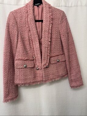 Express Pink Tweed Fringed Pocket Blazer